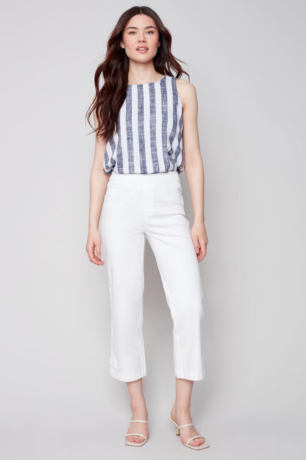 Pull on denim pant with side button detail Product Image