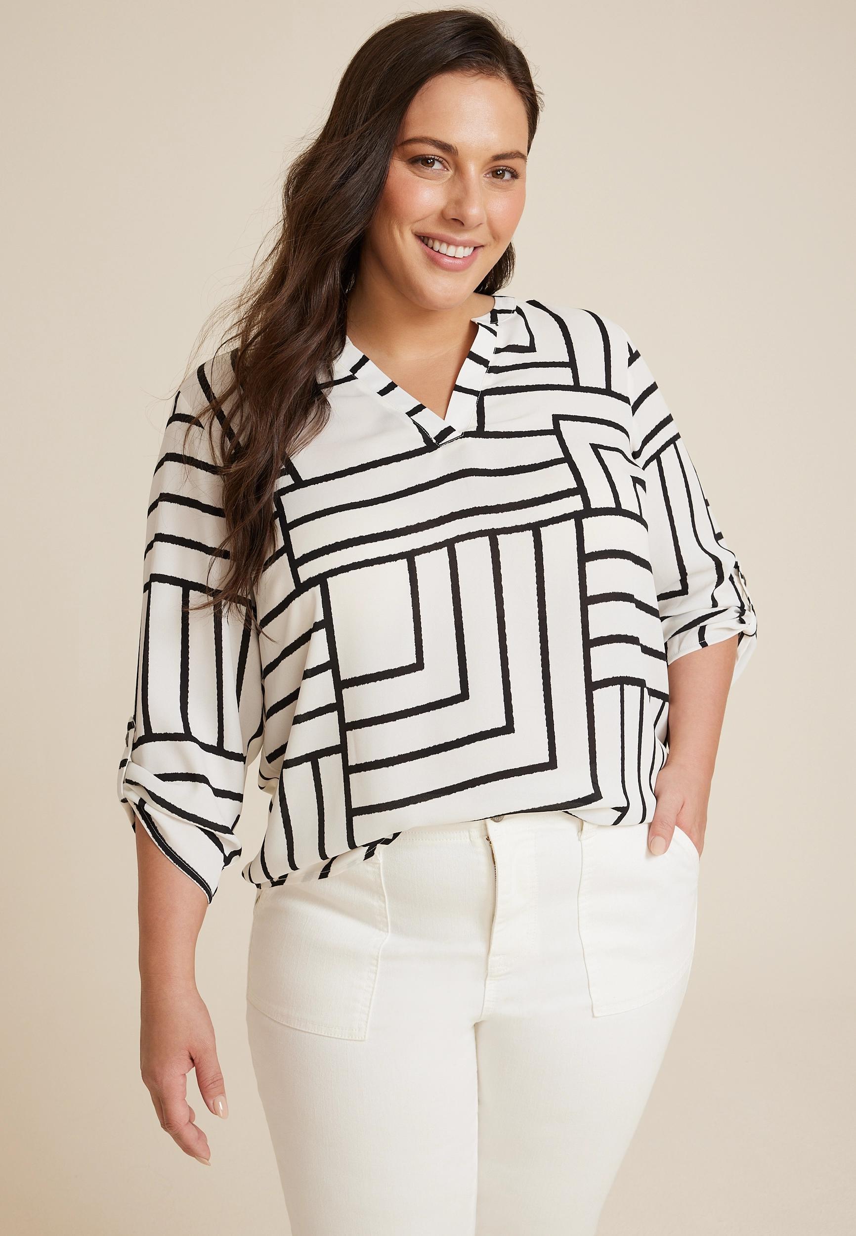 Maurices 1X Plus Size Womens Atwood 3/4 Sleeve Popover Blouse White Product Image