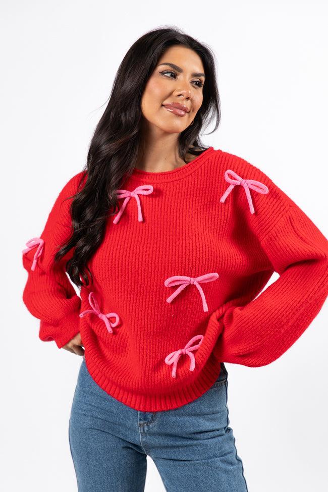 Knot Your Average Bow Red Embroidered Bow Sweater Product Image