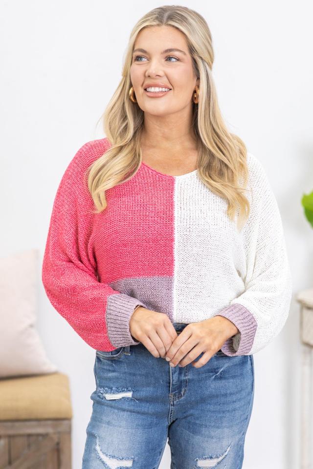 Raspberry Colorblock V-Neck Loose Knit Sweater Product Image