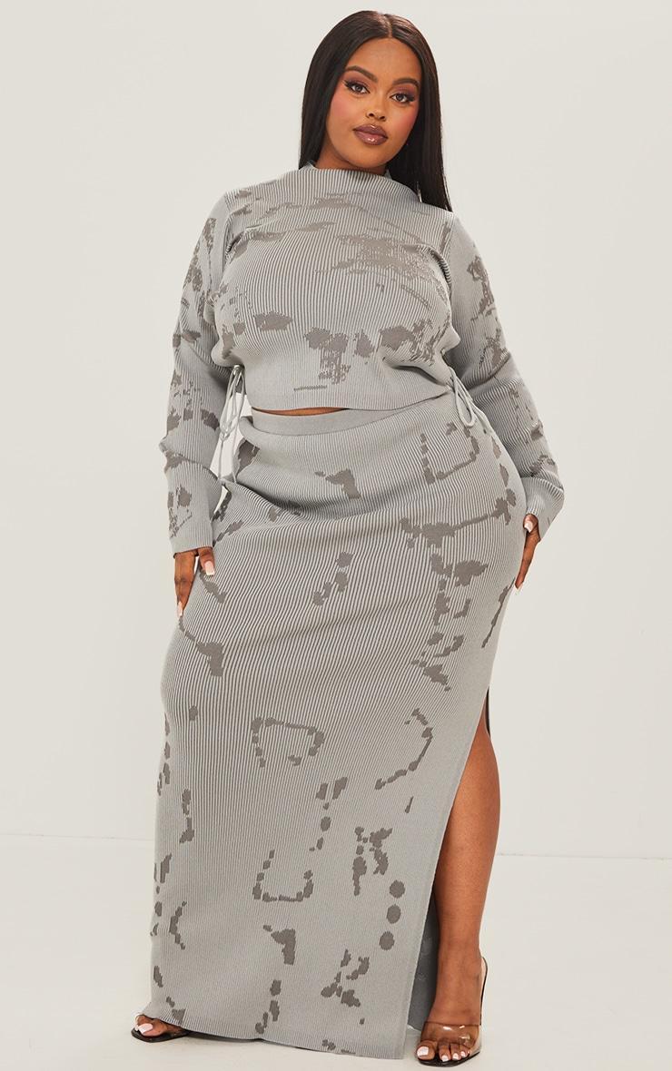 Plus Grey Rib Knit Distressed Detailing Maxi Skirt Product Image