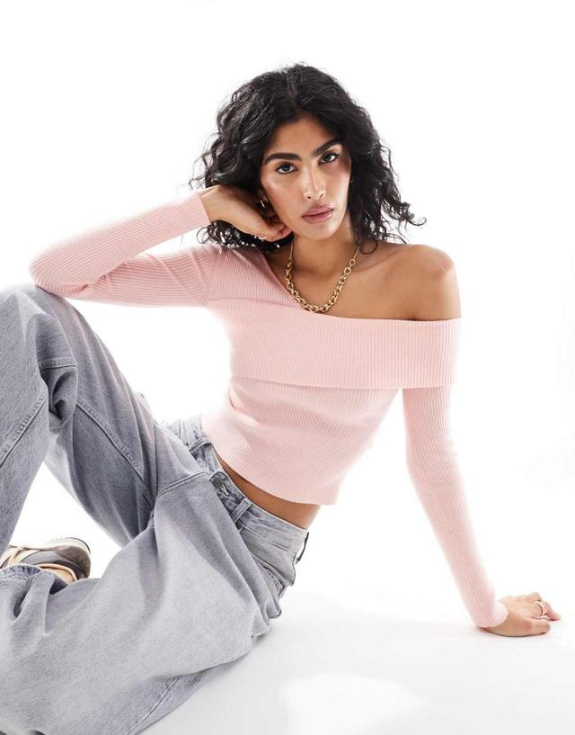 Miss Selfridge asym knit rib long sleeve top in pink Product Image