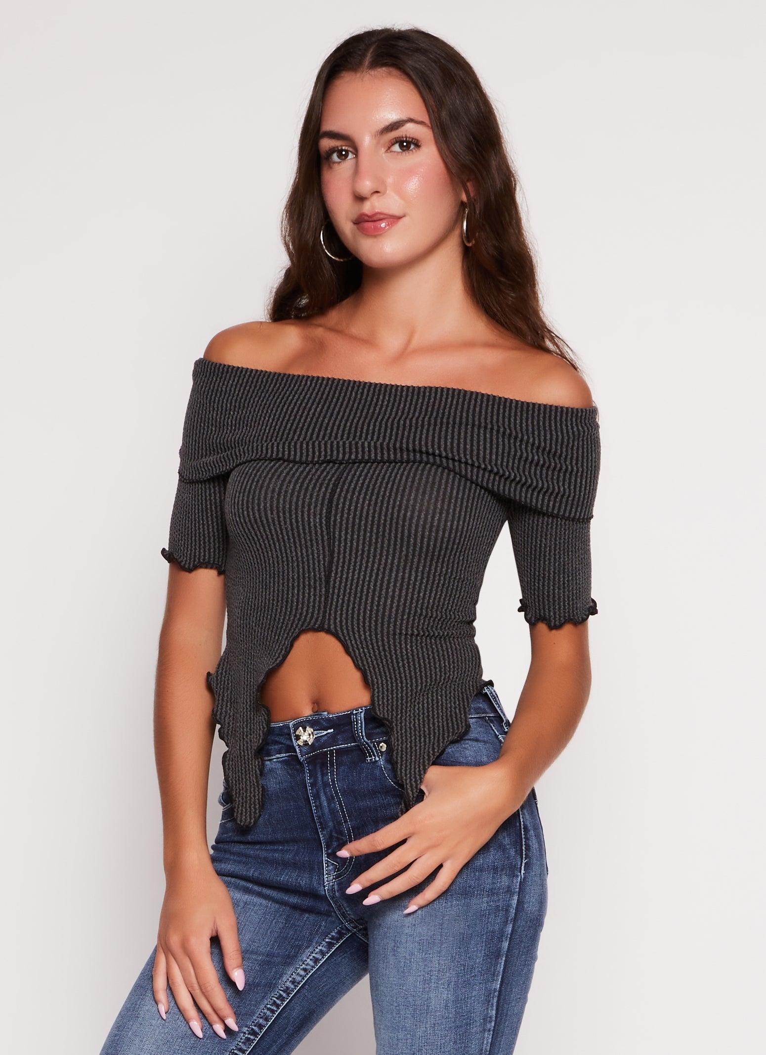 Womens Textured Knit Off the Shoulder Crop Top product image