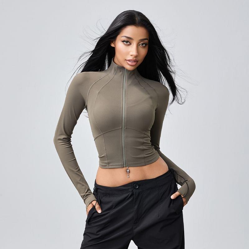 Stand Collar Plain Panel Zip Yoga Jacket Product Image