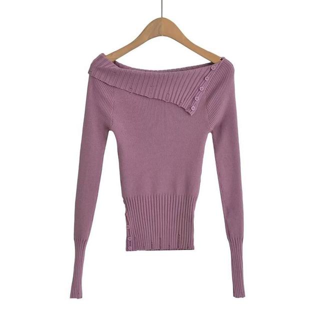 Off-Shoulder Long-Sleeve Plain Knit Top Product Image