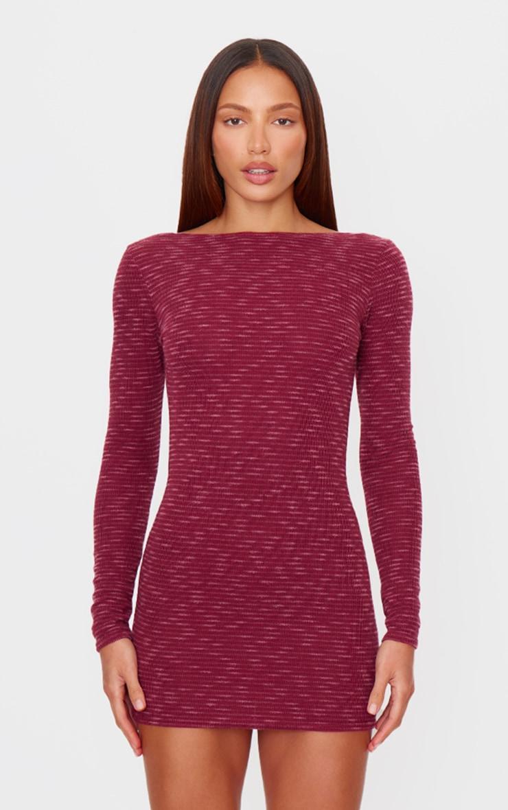 Burgundy Textured Scoop Back Long Sleeve Bodycon Dress product image