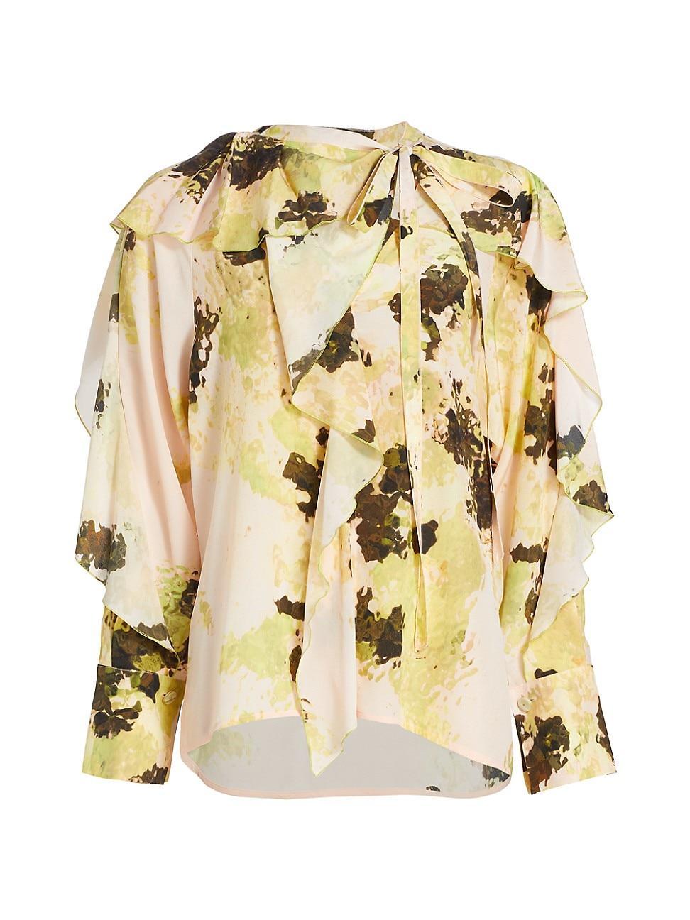 Womens Abstract Silk Ruffle-Trimmed Blouse Product Image