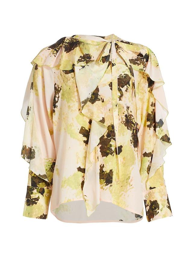 Womens Abstract Silk Ruffle-Trimmed Blouse Product Image