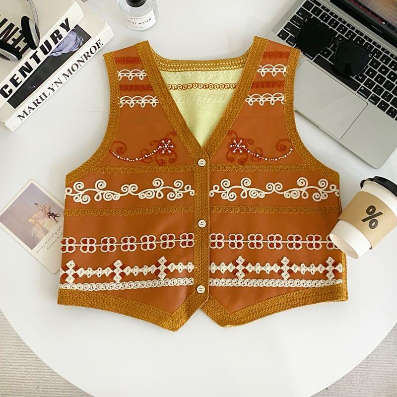 V-Neck Floral Embroidered Button-Up Faux Leather Crop Vest Product Image