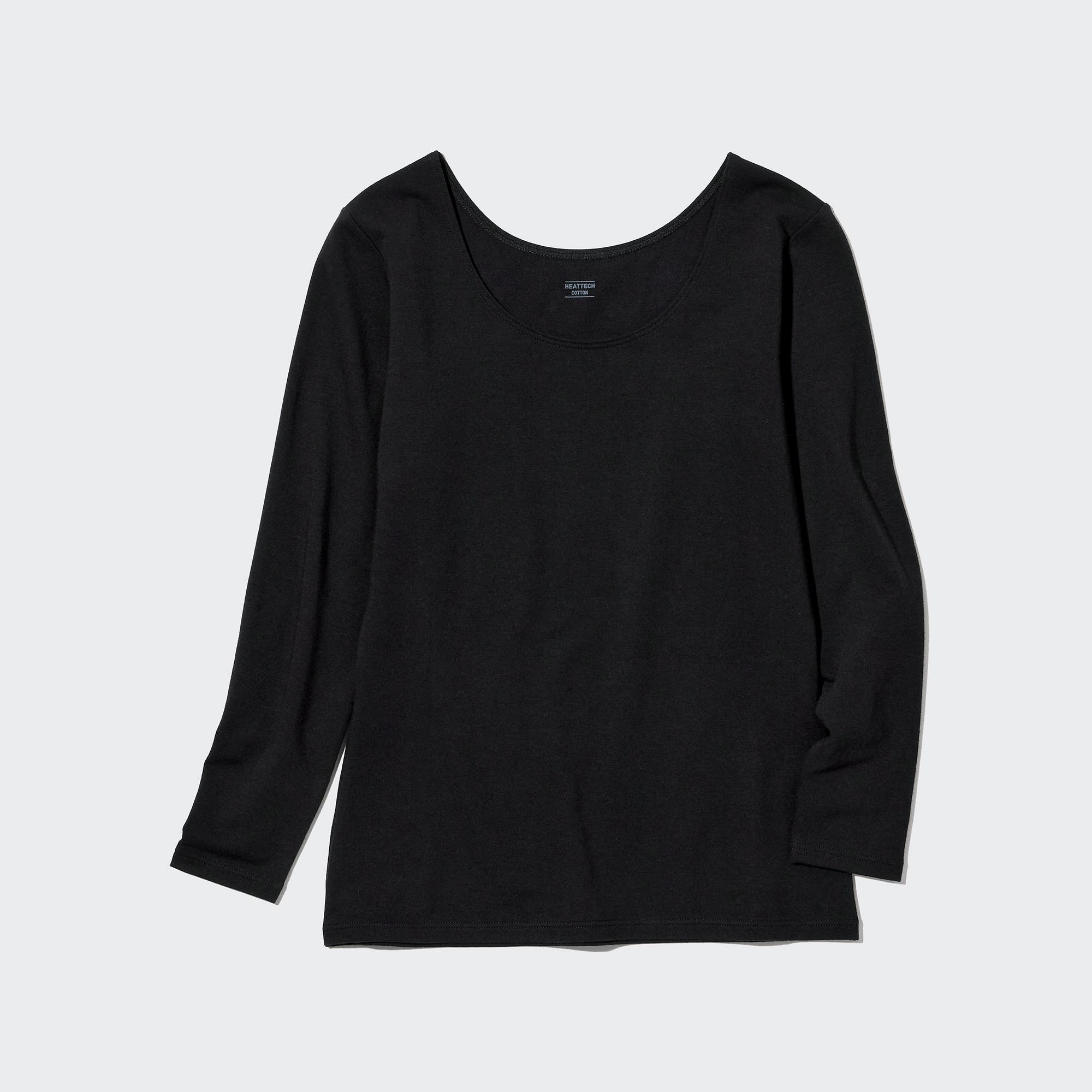 Womens Heattech Cotton Scoop Neck T-Shirt (Extra Warm) Long Sleeve with Moisture-Wicking Black XL UNIQLO US Product Image