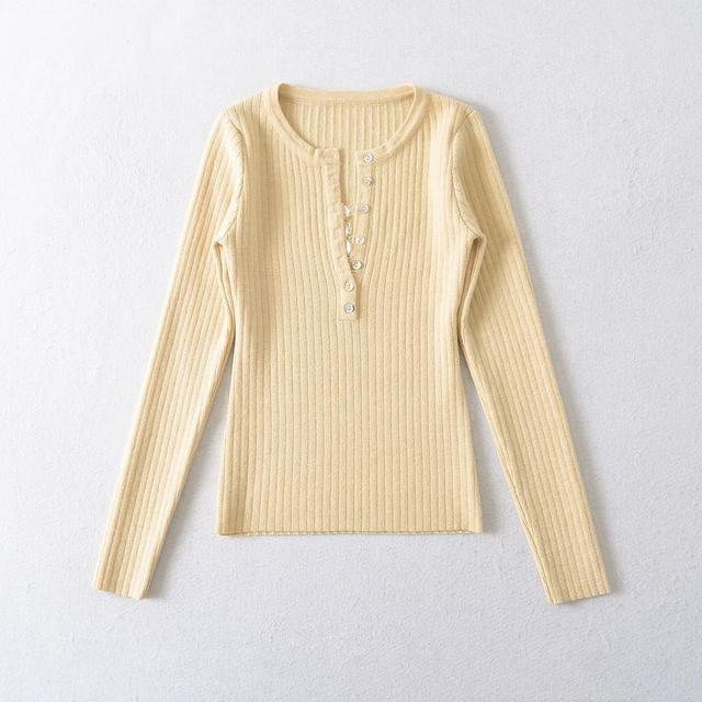 Long-Sleeve Plain Ribbed Henley Knit Top Product Image