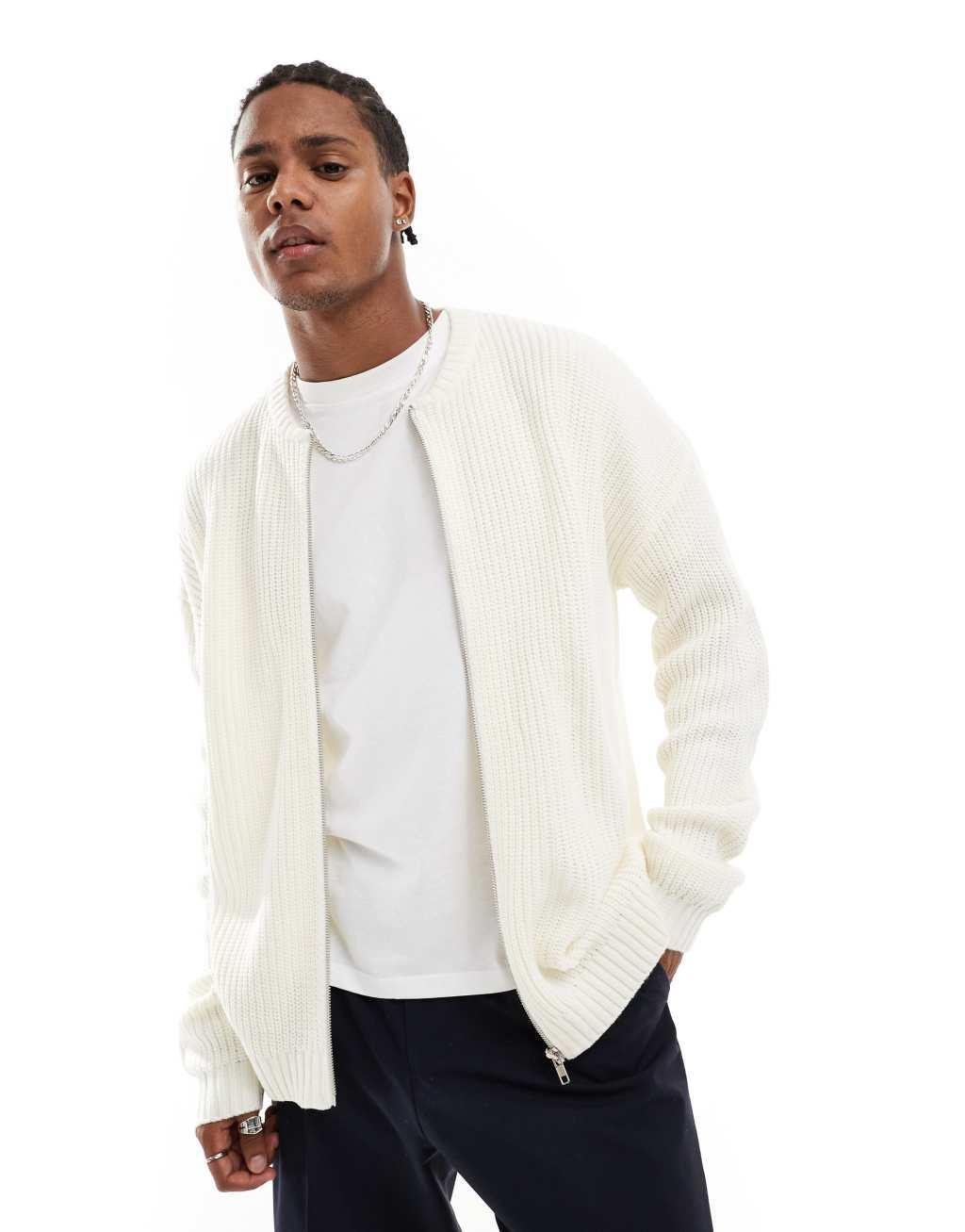 ASOS DESIGN knit relaxed fisherman ribbed zip up bomber jacket in cream Product Image