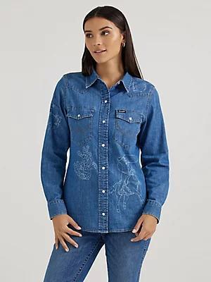 Women's Wrangler Lasered Icons Cowboy Snap Shirt | Women's TOPS | Wrangler® Product Image