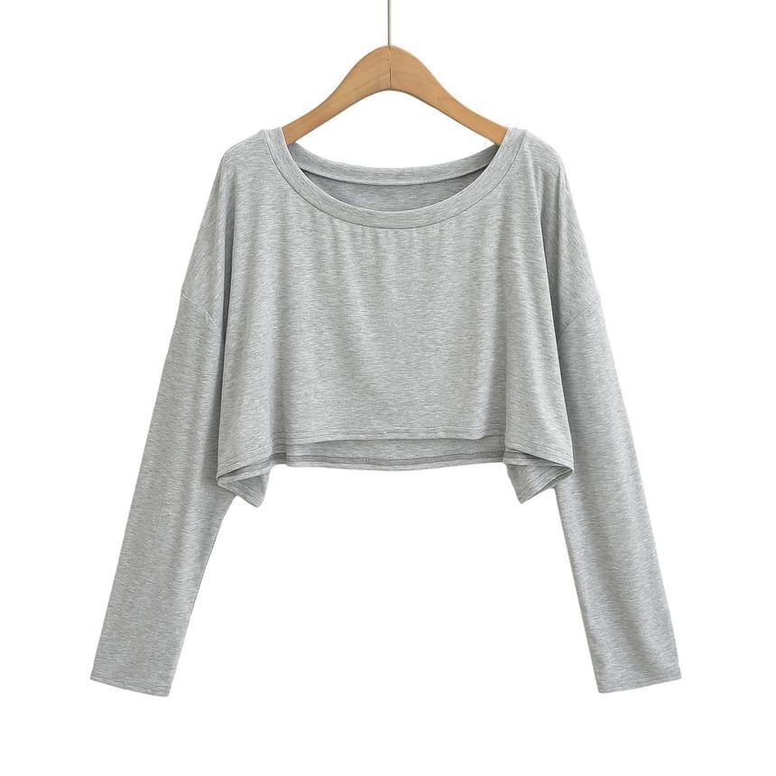 Long Sleeve Round Neck Plain Crop T-Shirt Product Image