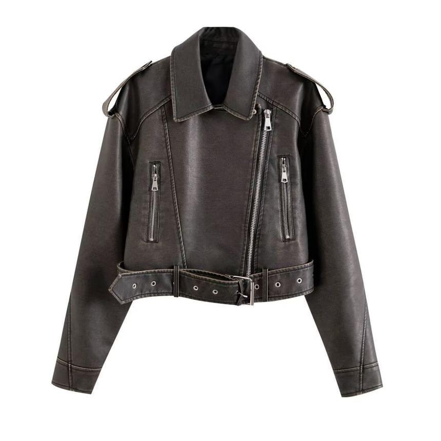 Collared Washed Faux Leather Zip Biker Jacket Product Image