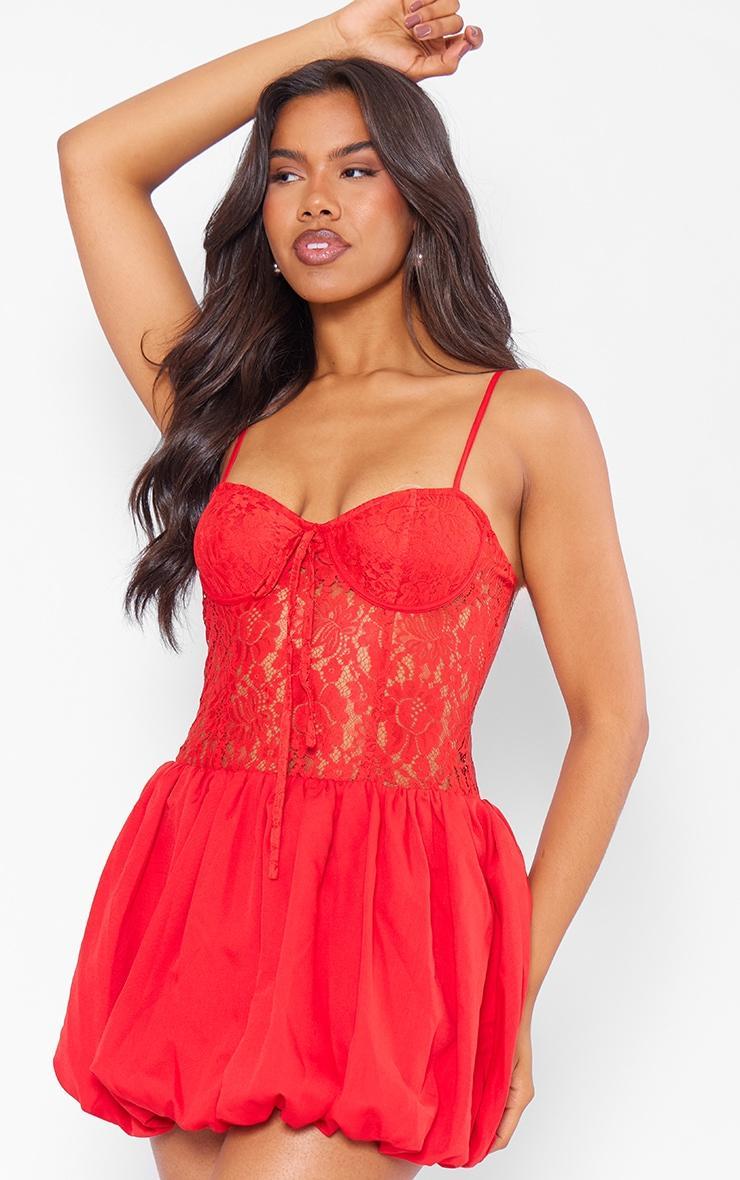 Red Woven Puffball Lace Mini Dress Product Image