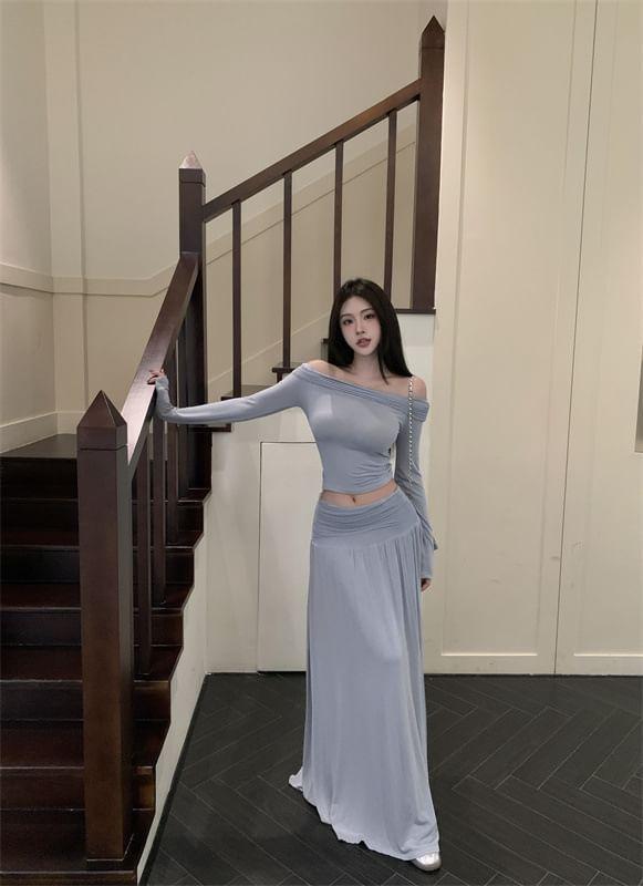 Set: Long Sleeve Off Shoulder Plain Crop Top + Mid Rise Ruched Maxi A-Line Skirt Product Image