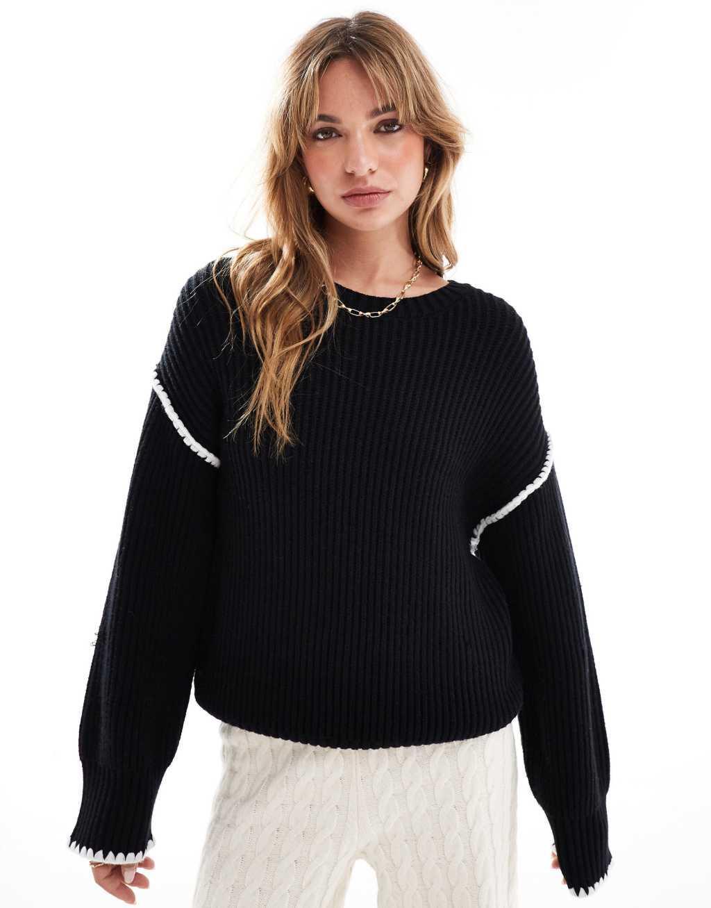 4th & Reckless contrast stitch dropped shoulder sweater in black Product Image