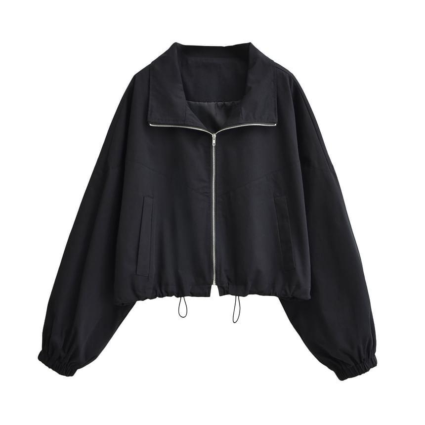 Stand Collar Plain Drawstring Zip Jacket Product Image