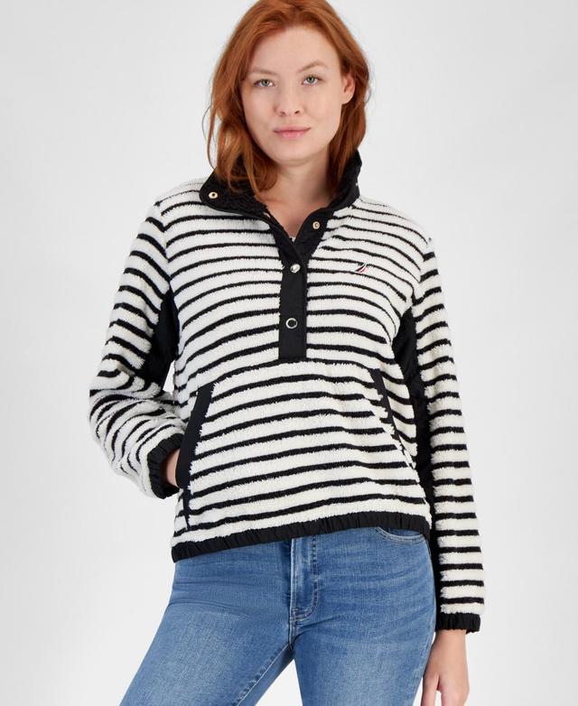 Nautica Jeans Womens Striped Pullover Sherpa Jacket - Soft Ivory Product Image