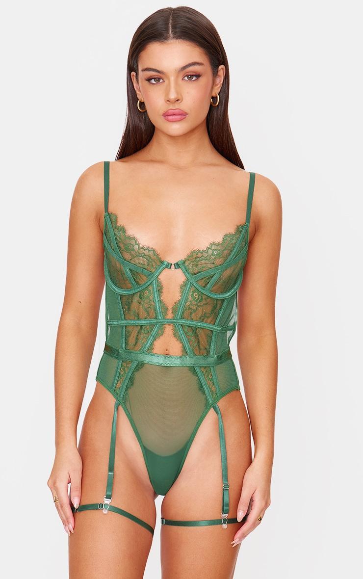 Green Lace Suspender Lingerie Bodysuit Product Image