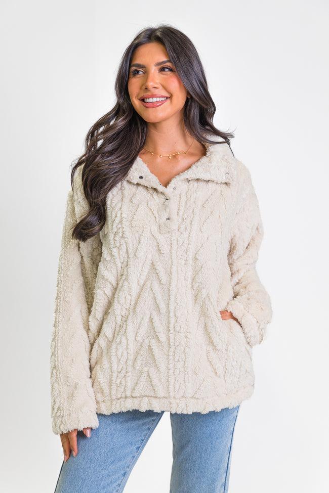 Take The Leap Beige Cable Detail Sherpa Pullover Product Image