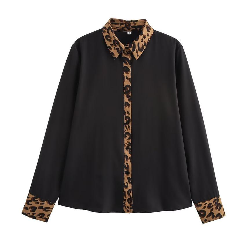 Collared Leopard Trim Button Down Shirt Product Image