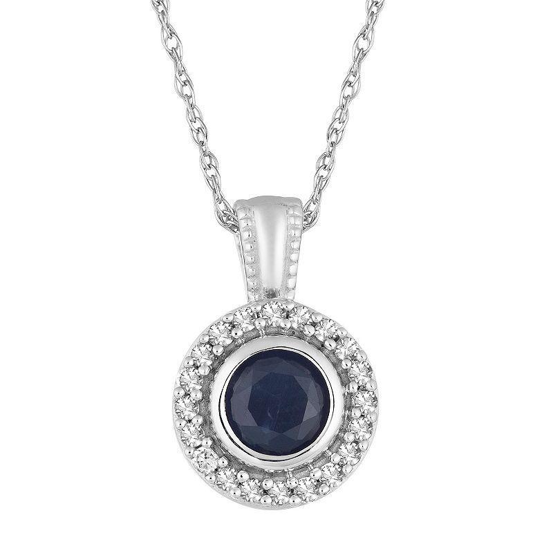 10k White Gold Sapphire & 1/10 Carat T.W. Diamond Halo Pendant Necklace, Womens 10k Whgold Product Image