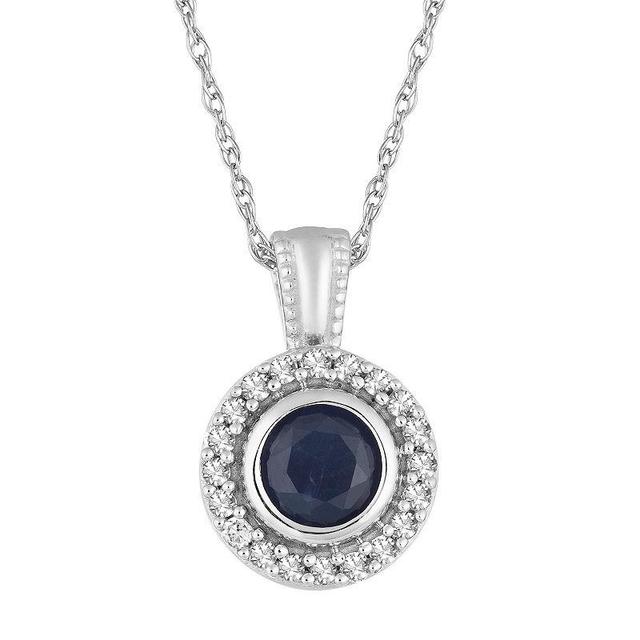 10k White Gold Sapphire & 1/10 Carat T.W. Diamond Halo Pendant Necklace, Womens Blue Product Image