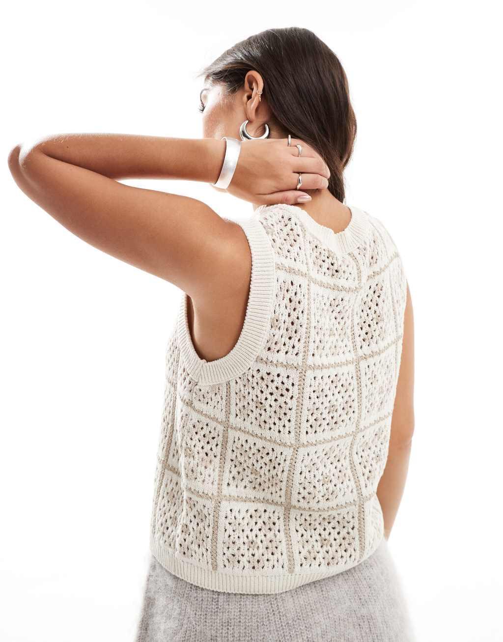 JDY cropped open knit tank top in cream  Product Image