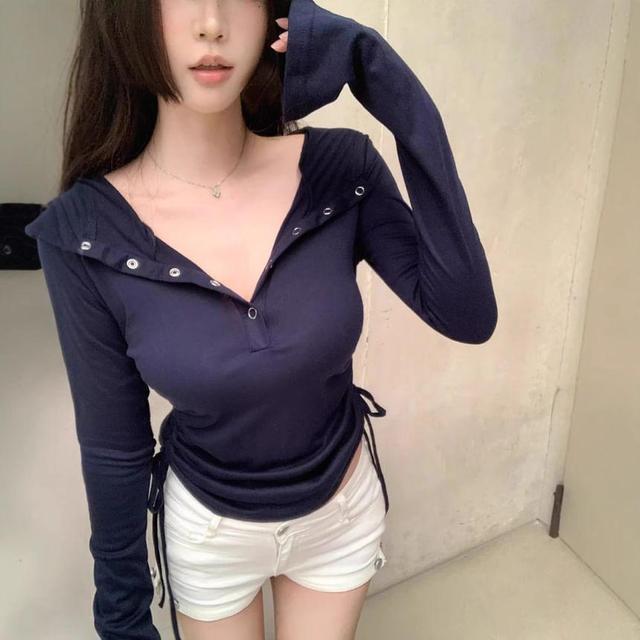 Long Sleeve Half-Button Plain Side-Drawstring Hooded Slim-Fit Top Product Image