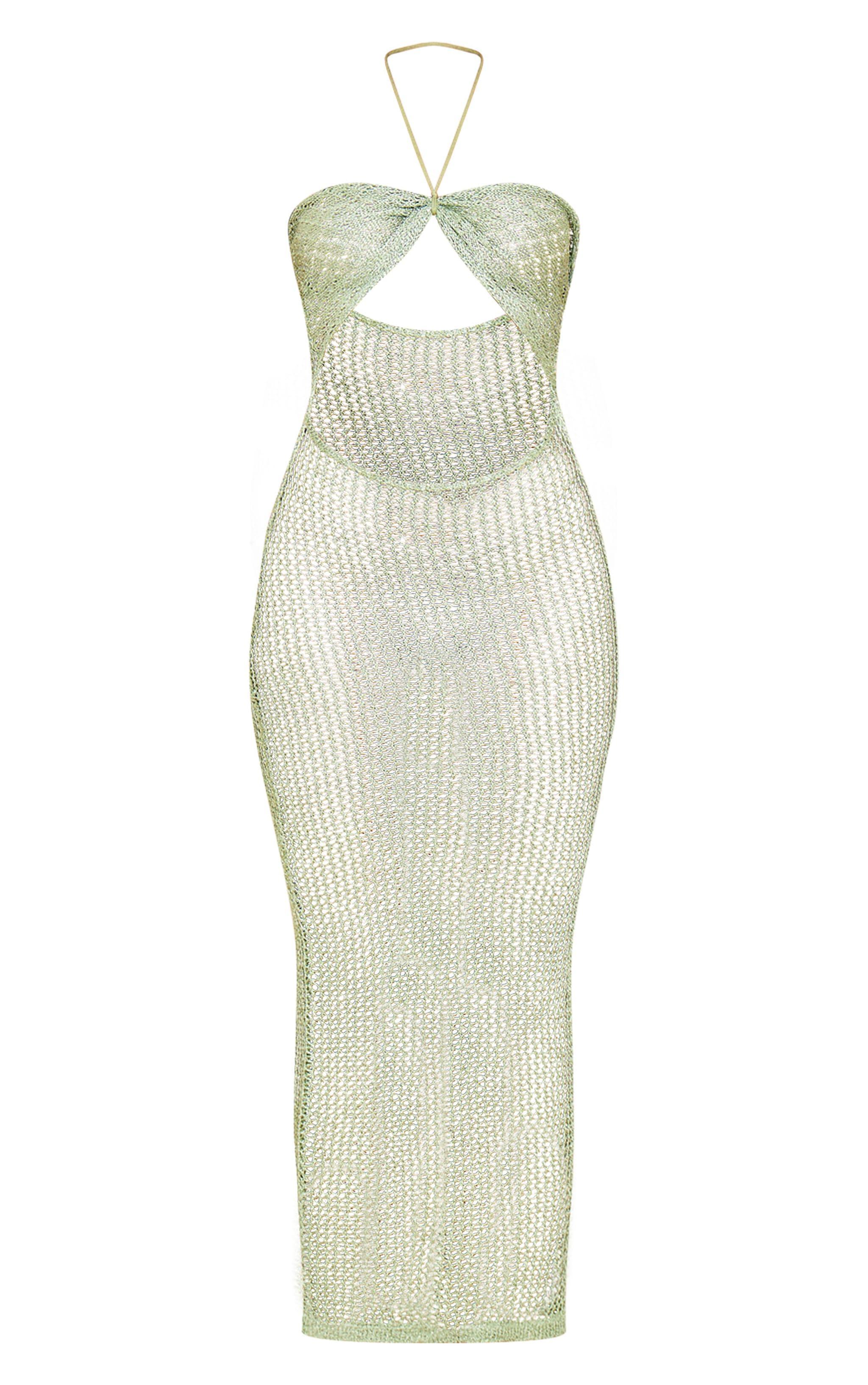 Olive Glitter Crochet Cut Out Halterneck Maxi Dress Product Image