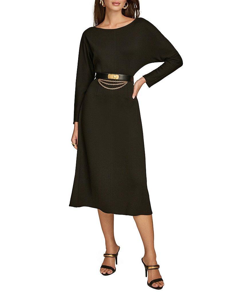 Donna Karan Boat Neck Long Sleeve Belted Scuba A Line Midi Dress Product Image