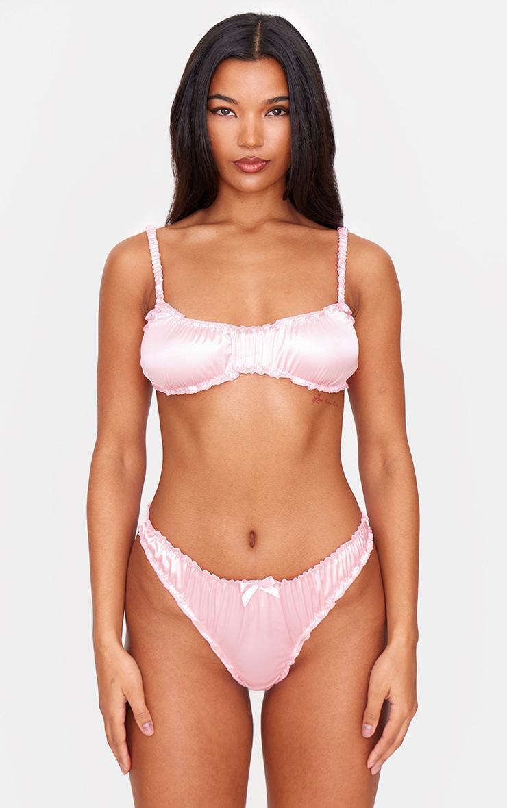 Pink Ruched Satin Frill Lingerie Set Product Image