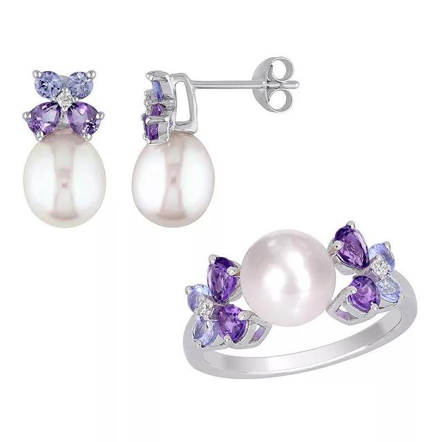 Stella Grace Sterling Silver Diamond Accent, Tanzanite, Amethyst & Freshwater Cultured Pearl Earrings & Ring Set, Womens Product Image