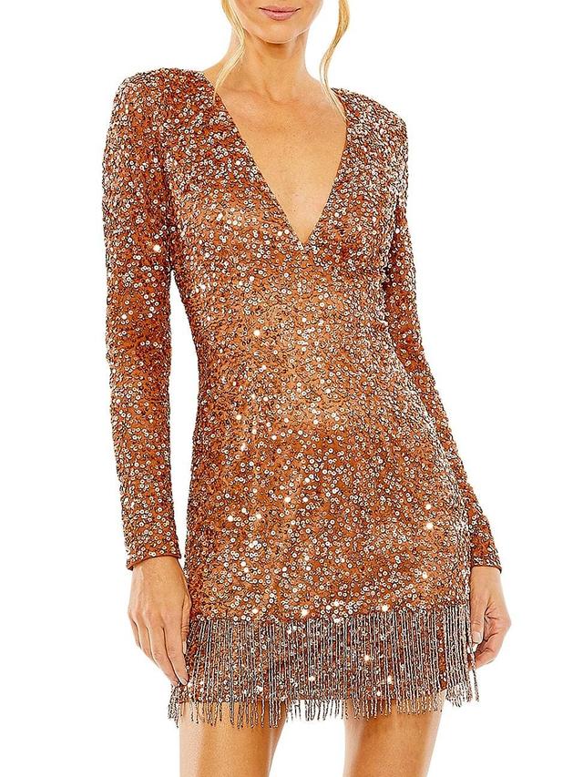 Mac Duggal Sequin Fringe Long Sleeve Mini Cocktail Dress Product Image