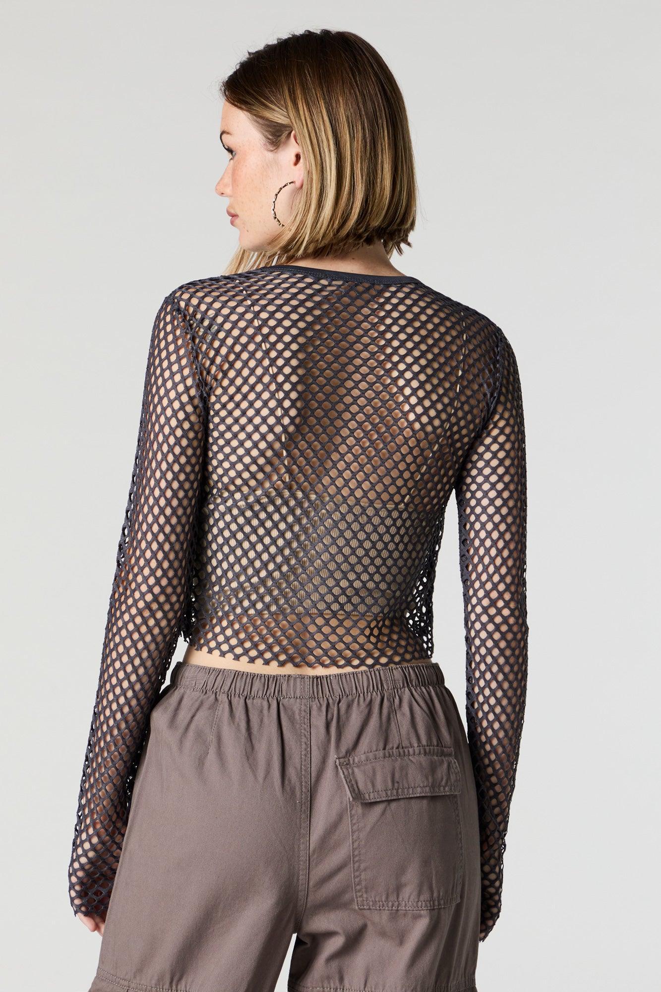 Wide Fishnet Long Sleeve Crop Top Female Product Image