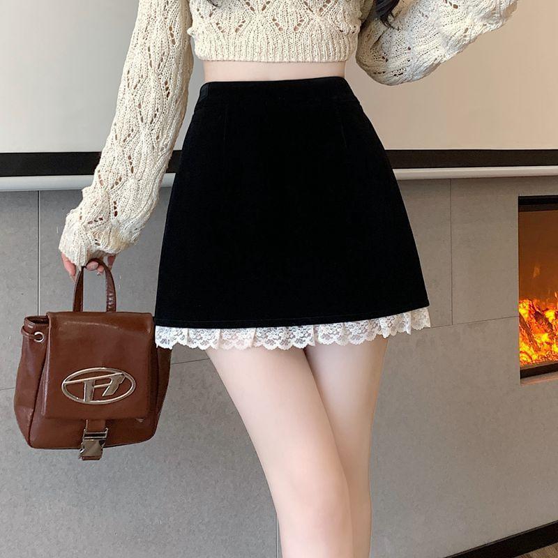 High Rise Lace Trim Mini A-Line Skirt Product Image