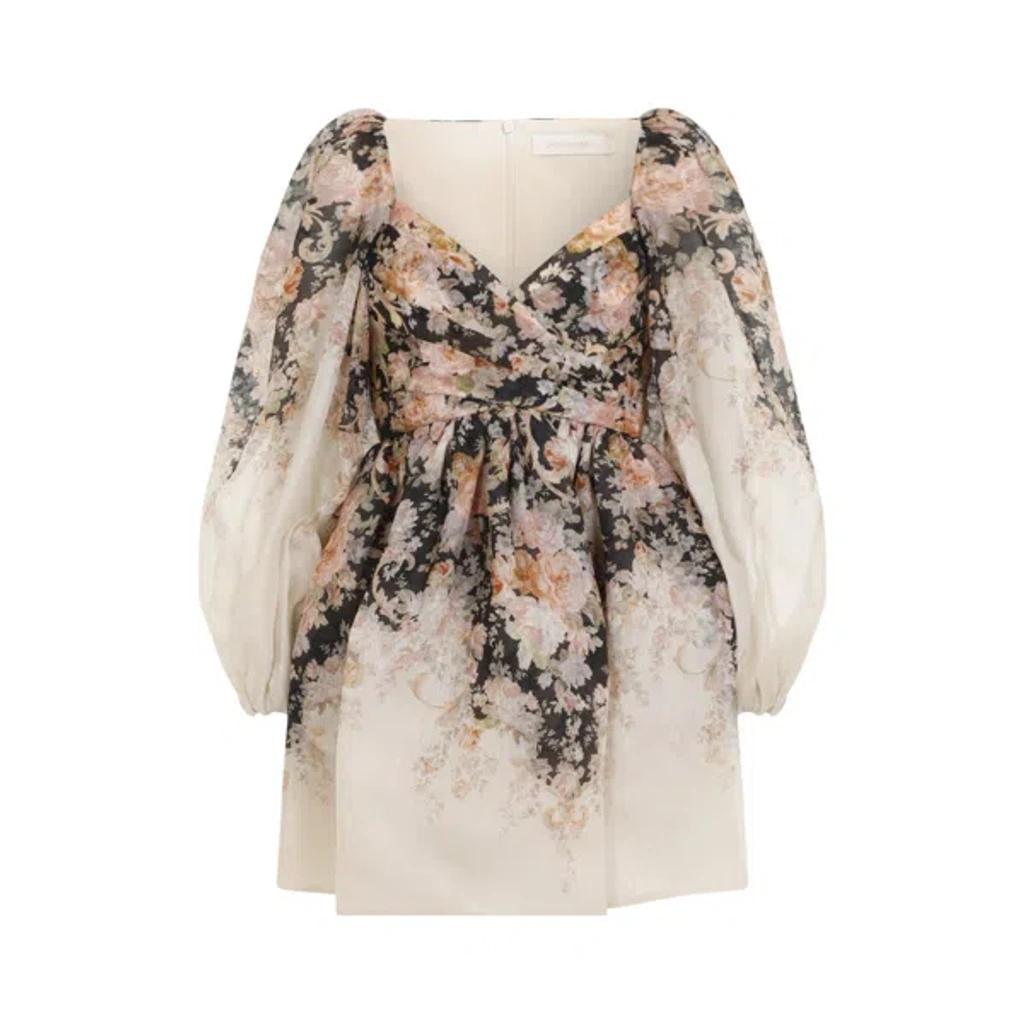 ZIMMERMANN Womens Tea Rococo Floral Print Sweetheart Neckline Linen And Silk-blend Mini Dress In Grey Product Image