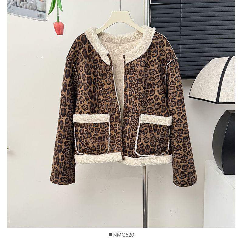 Reversible Leopard-Print Crewneck Fleece Jacket Product Image