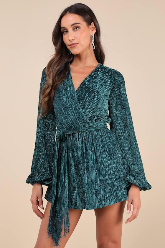 Signature Poise Teal Velvet Shadow Stripe Surplice Romper Product Image