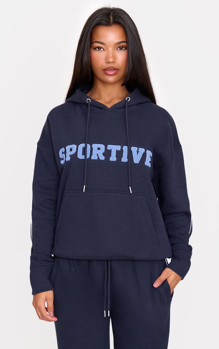 Navy Borg Embroidered Sportive Hoodie Product Image