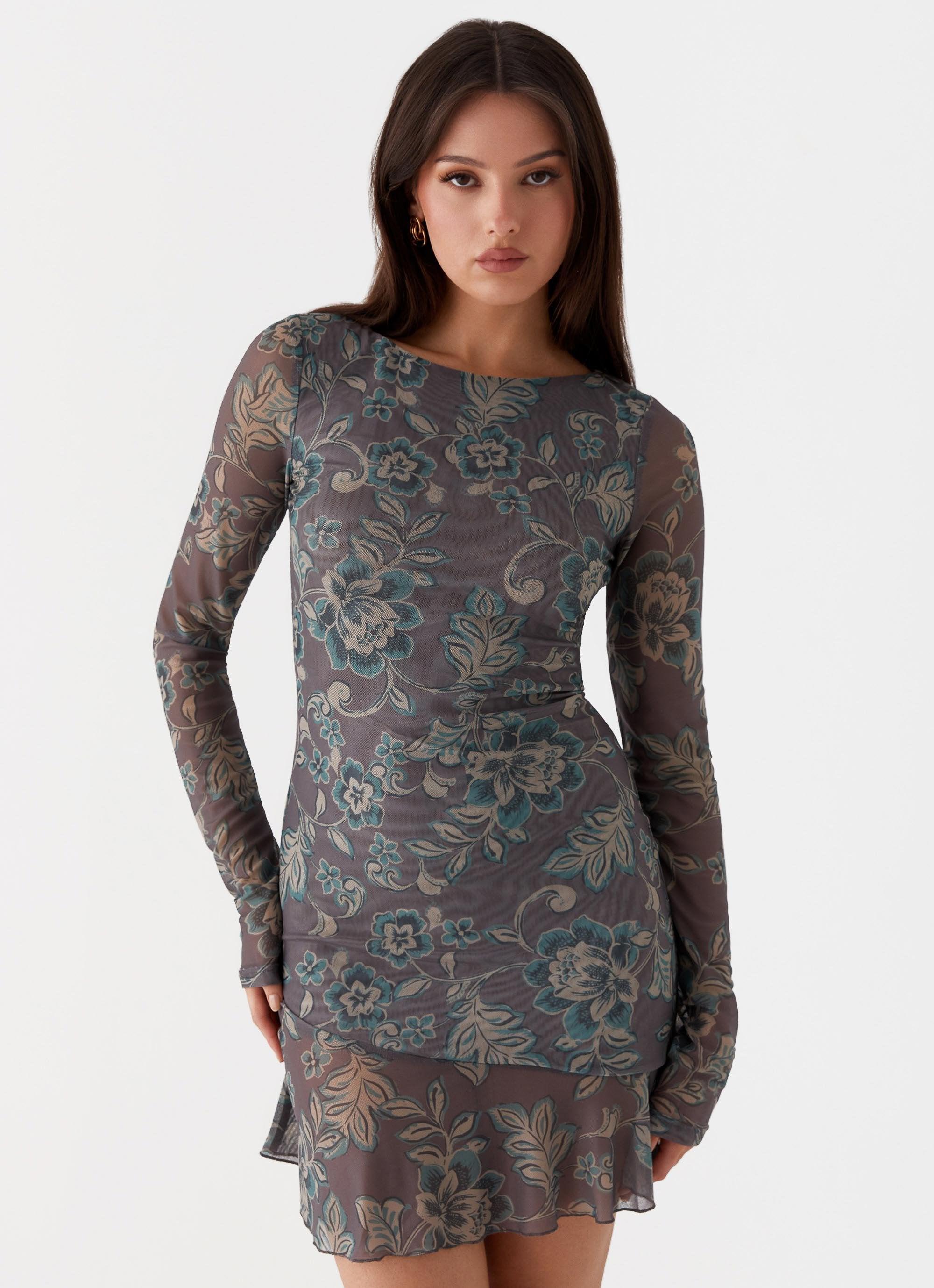 Ines Long Sleeve Mini Dress - Brown Floral Product Image