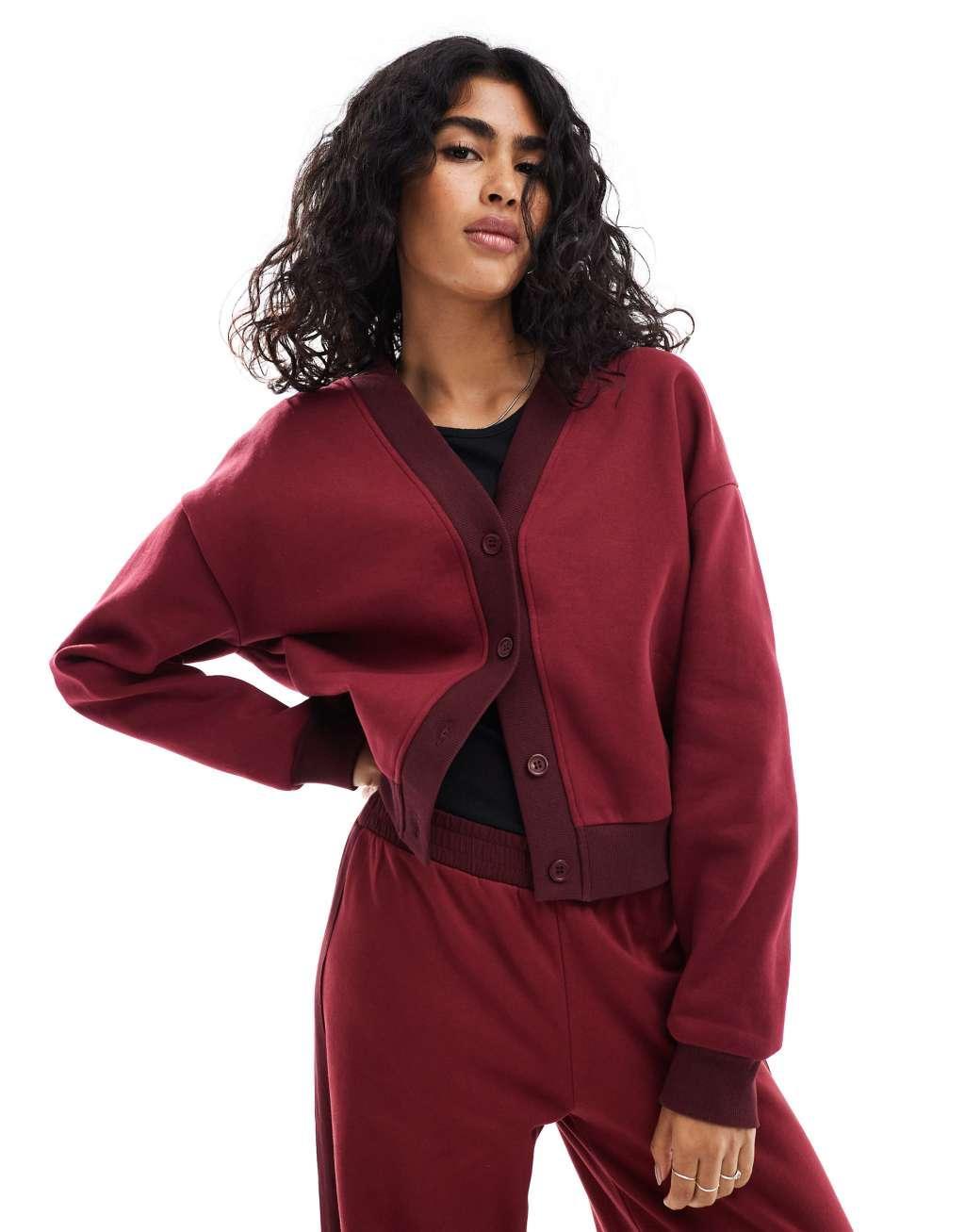 ASOS DESIGN sweat cardigan in burgundy - part of a set Product Image