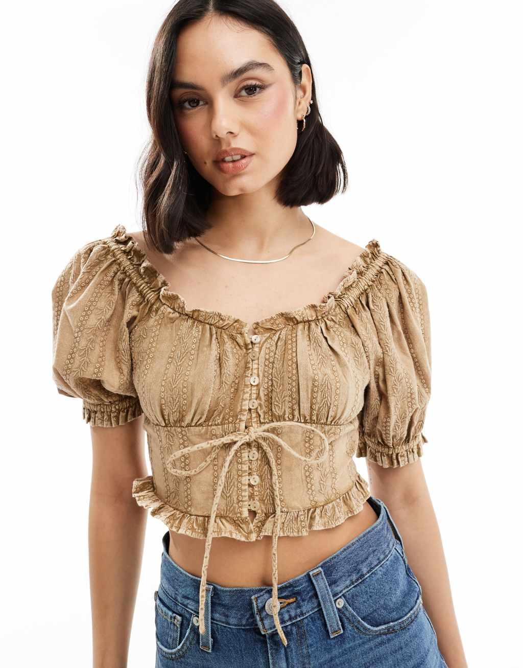 Miss Selfridge eyelet puff sleeve tea top in washed khaki Product Image