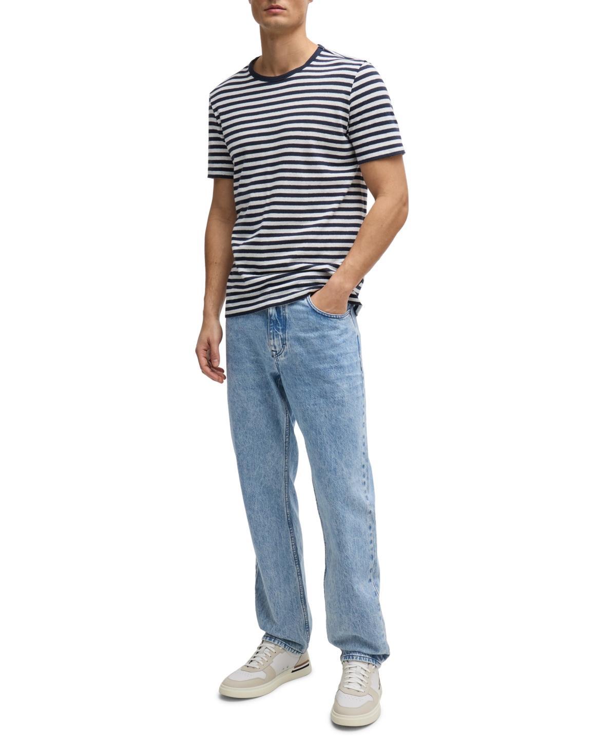 Pure-linen Regular-fit T-shirt With Horizontal Stripe In Blue Product Image