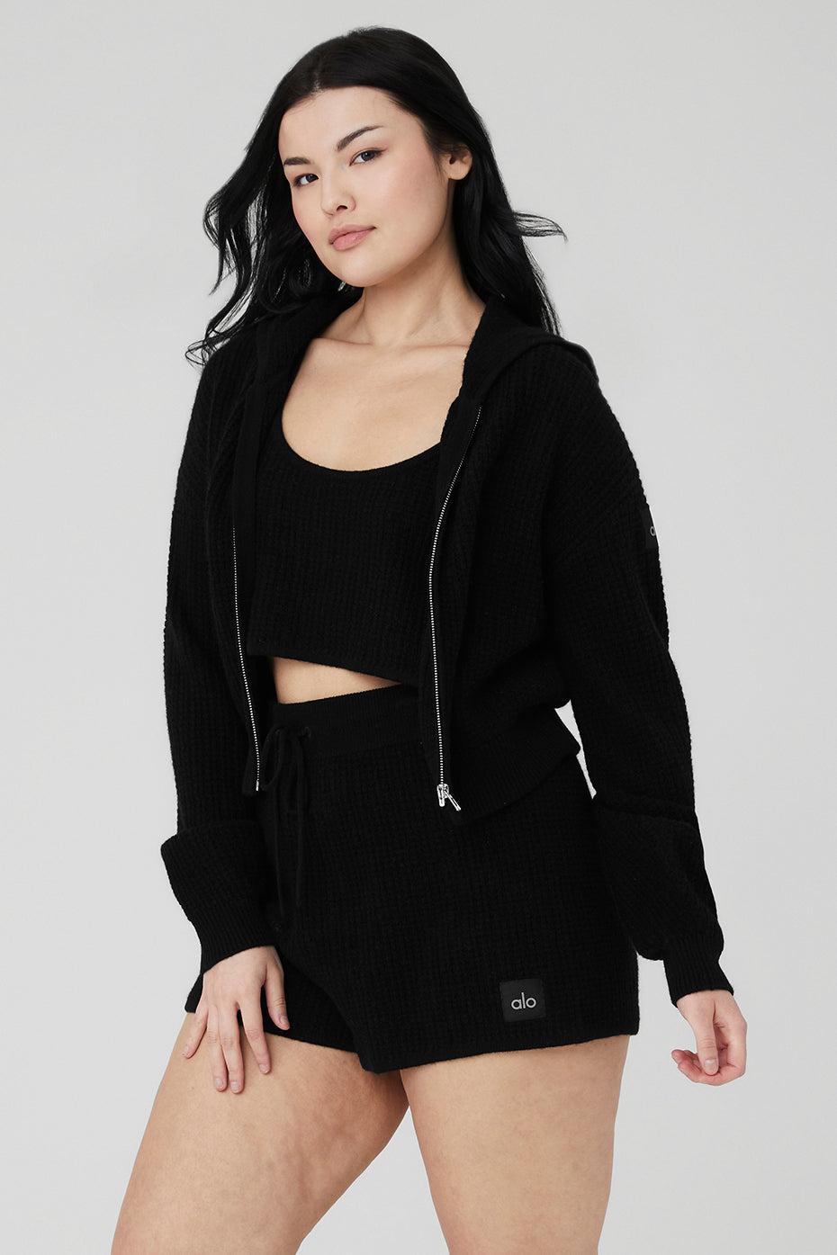 Cashmere Plush Waffle Full Zip Hoodie - Black Female Product Image