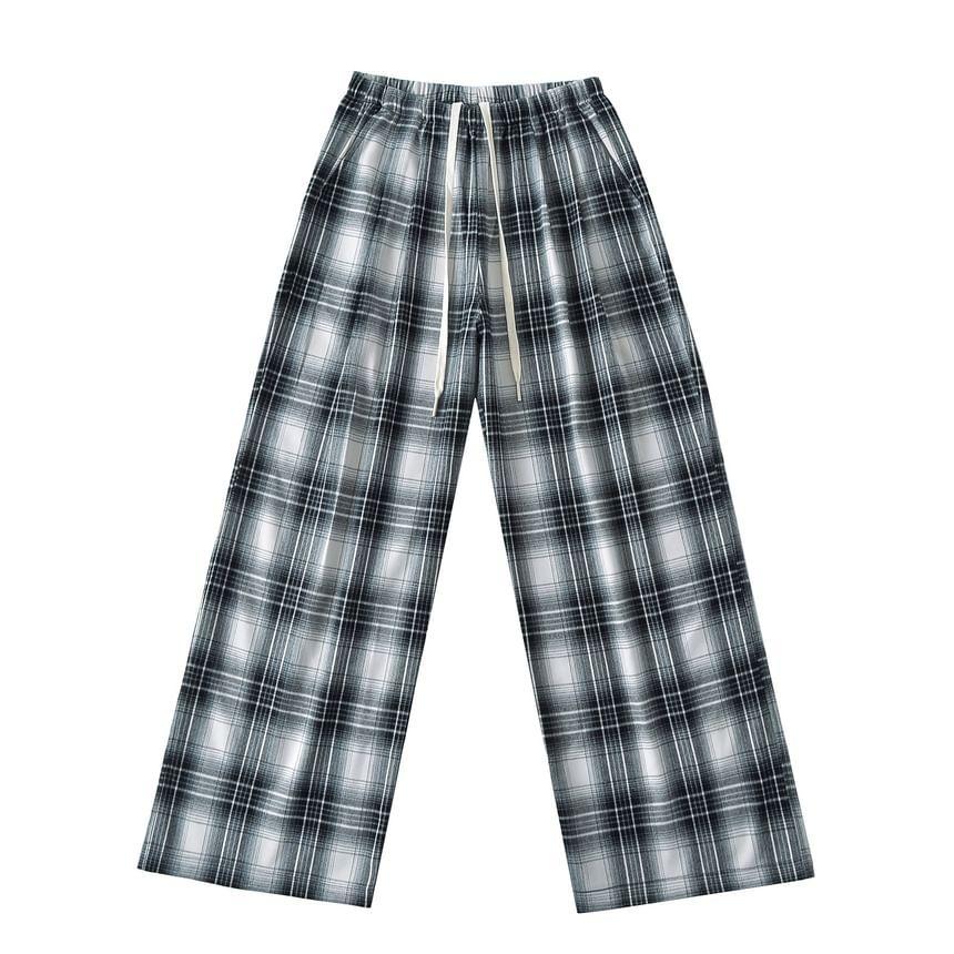 Drawstring Waist Plaid Wide Leg Pants Product Image