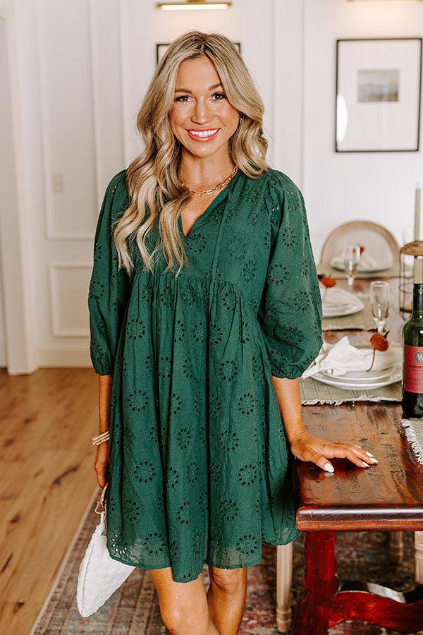 Totally Chic Eyelet Mini Dress in Hunter Green Product Image