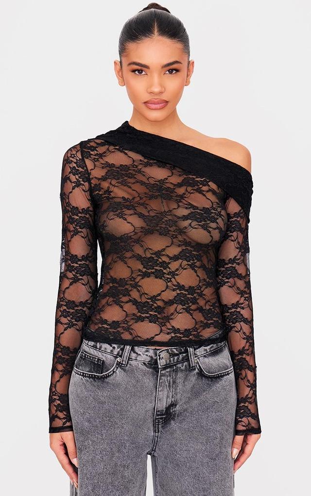 Black Asymmetric Lace Detail Long Sleeve Top Product Image